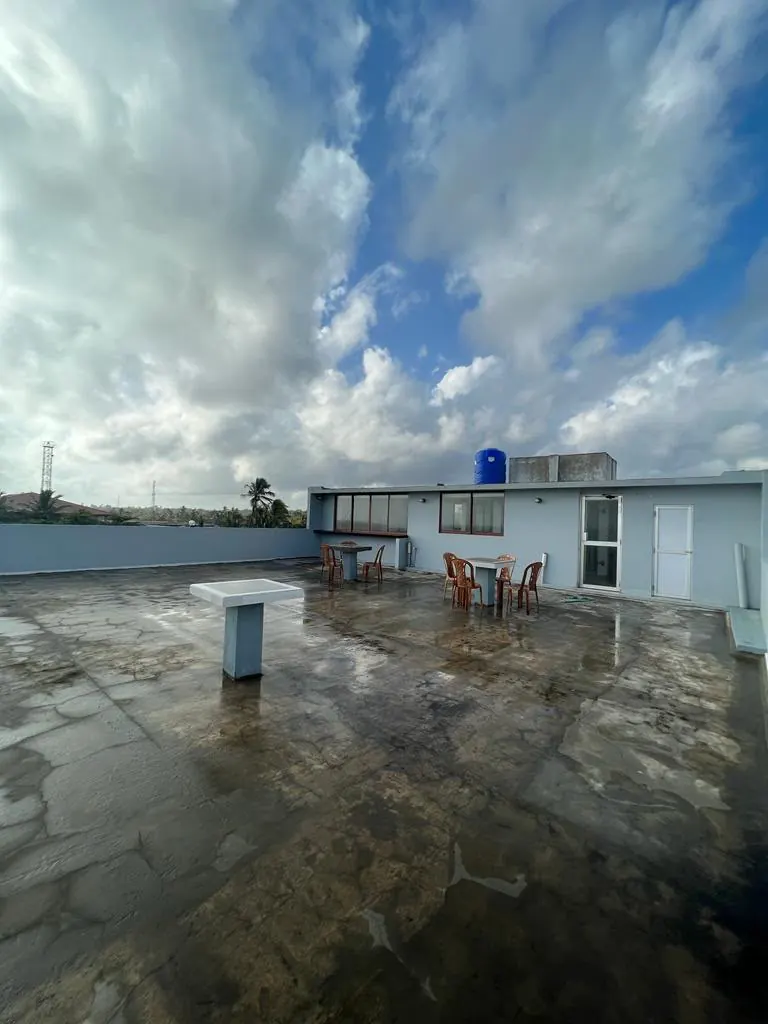 Open rooftop terrace with several guest seating areas
